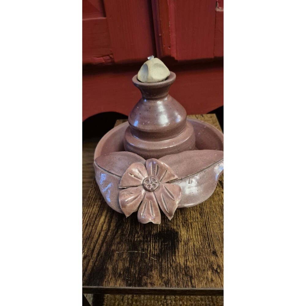 Artisan Ceramic Oil Candle Burner Pink Flower Leaf 4x6 Home Decor Rustic Handmad